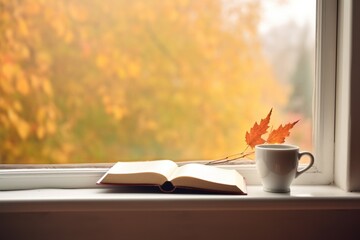 Naklejka na ściany i meble hot coffee in the garden with fall background in autumn season