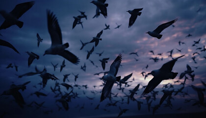 Silhouette of seagulls flying in backlit dusk generated by AI
