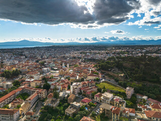 Obraz premium Aerial view over The old historical center of Kalamata seaside city, Greece by the Castle of Kalamata