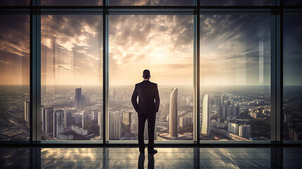 Businessman overlooks a city from his skyscraper - Generative AI