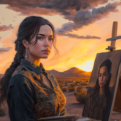 Woman and Canvas painting at sunset in the Sonroran Desert