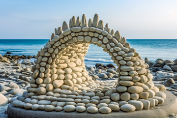 Fototapeta na wymiar Rocks are balanced near the ocean, in the style of optical art. Generative Ai. 
