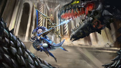 An elf fights a dragon using a bow with magic arrows, she is dressed in blue and white clothes with golden armor. 2D illustration, Digital drawing style