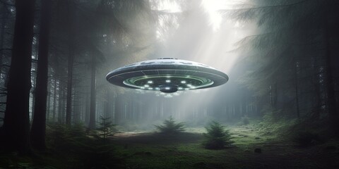 Obraz premium UFO. An alien saucer hovering motionless in the air. Unidentified flying object, alien invasion. Generative AI. Extraterrestrial life, space travel, spaceship mixed environment