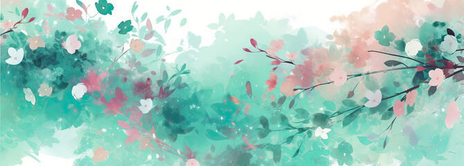 Obraz na płótnie Canvas watercolor illustration of colorful cherry blossom flowers in wide border - Generative AI 