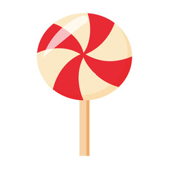 red and white sweet candy on a brown stick, vector illustration