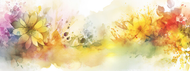 Obraz na płótnie Canvas watercolor illustration of yellow flowers in wide border - Generative AI 