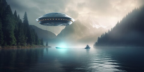 Naklejka na ściany i meble UFO. An alien saucer hovering motionless in the air. Unidentified flying object, alien invasion. Generative AI. Extraterrestrial life, space travel, spaceship mixed environment