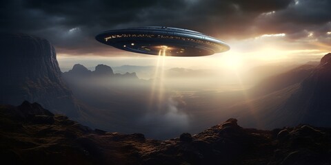 UFO. An alien saucer hovering motionless in the air. Unidentified flying object, alien invasion. Generative AI. Extraterrestrial life, space travel, spaceship mixed environment