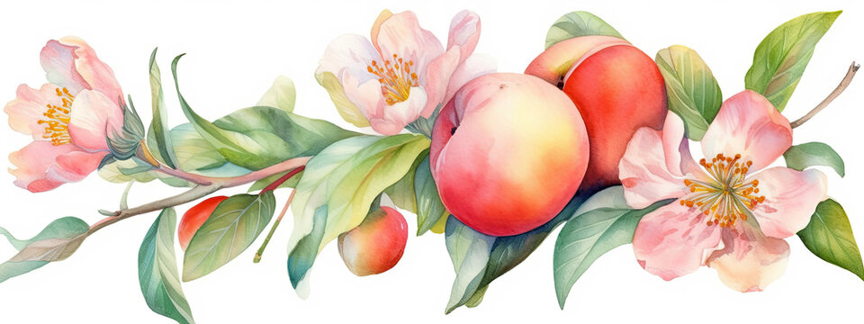 watercolor illustration of Peach colored flowers in wide border - Generative AI 
