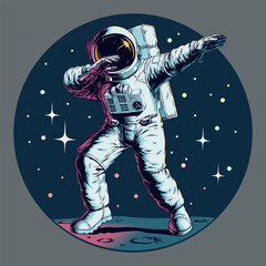 Astronaut makes dab dance gesture, shows dabbing movement on the moon or another planet, vector illustration