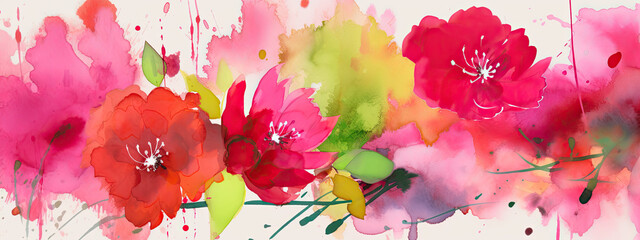 Obraz na płótnie Canvas watercolor illustration of redish pink colorful flowers in wide border - Generative AI 
