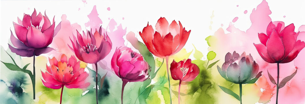 watercolor illustration of  redish pink colorful flowers in wide border - Generative AI 