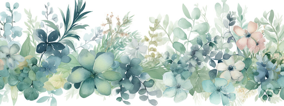 watercolor illustration of mint green flowers in wide border - Generative AI 