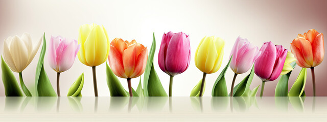 Fototapeta premium watercolor illustration of colorful tulip flowers in wide border - Generative AI 