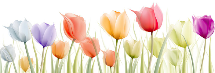 watercolor illustration of colorful tulip flowers in wide border - Generative AI 