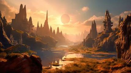Tuinposter Alien planet with fantastic landscapes, and enchanted castles. Generative AI © keks20034