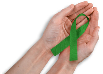 Green Ribbon in Woman's Hands, Mental Health, Glaucoma Awareness Concept, Isolated