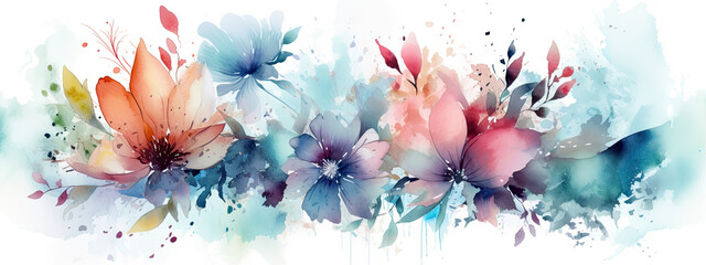 watercolor illustration of colorful flowers in wide border - Generative AI  - obrazy, fototapety, plakaty