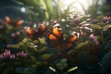 Fototapeta na wymiar Explore an immersive garden of fluttering butterflies and sparkling particles in Unreal Engine 5's incredible wide depth of field. Generative AI