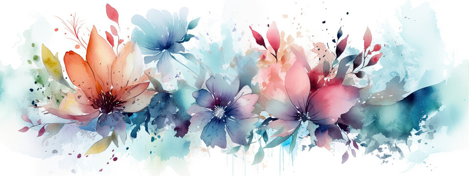 Fototapeta watercolor illustration of colorful flowers in wide border - Generative AI 