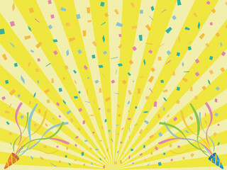 黄色のサンバーストに紙吹雪とクラッカーの背景素材