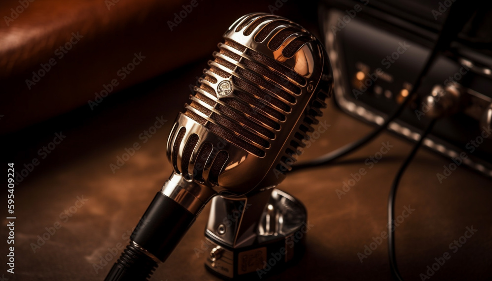 Poster shiny chrome microphone on elegant dark table generated by ai