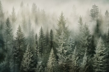 A watercolor seamless pattern of a misty spruce forest. Generative AI