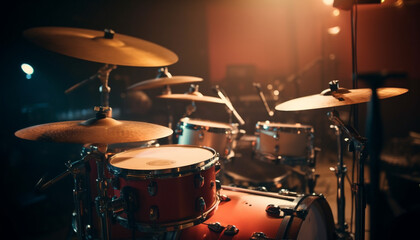 Drummer skillfully plays heavy metal on stage generated by AI