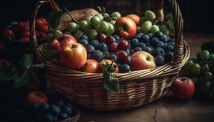 Fresh fruits in wicker basket on rustic table generated by AI
