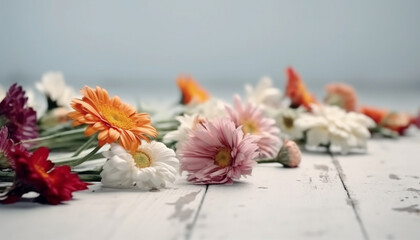Multi colored bouquet of daisies on rustic table generated by AI