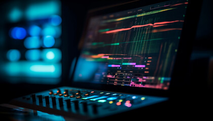 Obraz na płótnie Canvas Glowing blue computer monitor illuminates recording studio mixing generated by AI