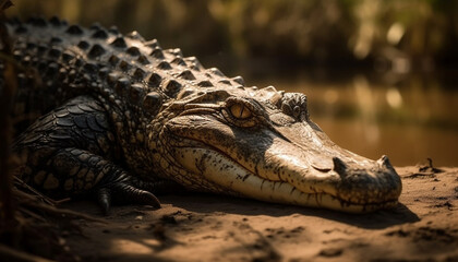 Obraz premium Large crocodile resting in tropical rainforest pond generated by AI
