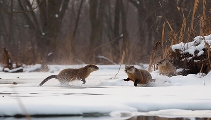 Playful small mammal runs in snowy forest generated by AI