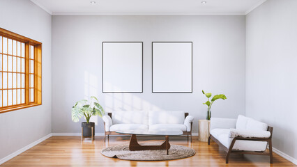 farmhouse interior living room, gallery wall frame mockup in white room with wooden furniture and lots of green plants, 3d render, 3d illustration