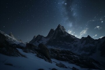 Experience a breathtaking view of a snow-covered mountain with twinkling stars and immaculate details in Unreal Engine 5 with an ultra-wide angle. Generative AI