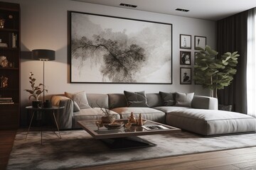 Stylish living room with modern appliances, large TV, and unique wall art. AI-created visual. Generative AI