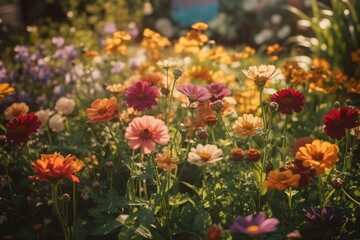 a flower meadow with many colorful flowers created with Generative AI technology