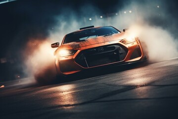 Fototapeta na wymiar Sport car drifts on speed track with smoking wheel and flare effect. A concept car drifting. Generative AI