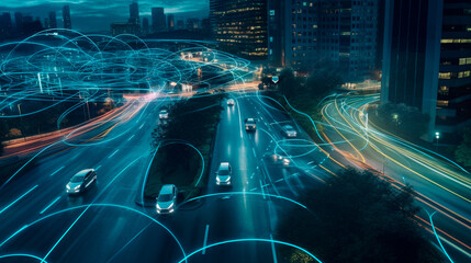 5G data stream, autonomous driving, running over a street in a landscape. Generative AI