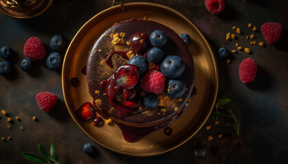 Fototapeta na wymiar Fresh berry plate with chocolate and honey generated by AI