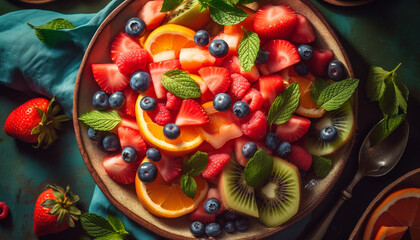 Fresh fruit salad with blueberries, strawberries, and raspberries generated by AI