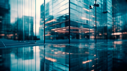 Fototapeta na wymiar Background of future urban and corporate architecture. Real estate idea with bokeh, motion blur, and a reflection in a glass panel of a skyscraper facade. Generative AI