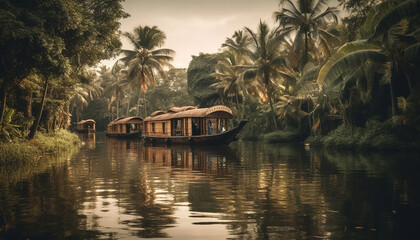 Obraz premium Reflection on tranquil scene, nautical vessel sailing generated by AI