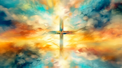 Blurry abstract background of Painting in watercolor depicting a conceptual cross or other religious symbol over a sky at sunset with clouds as God. Generative AI