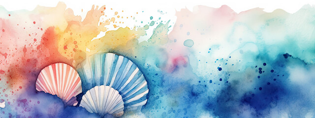 Fototapeta premium Watercolor border with colorful abstract seashells - Generative AI 