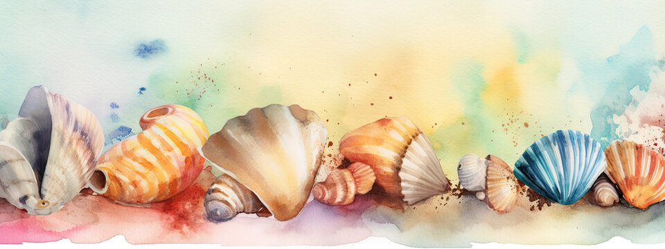 Watercolor border with colorful abstract seashells - Generative AI 