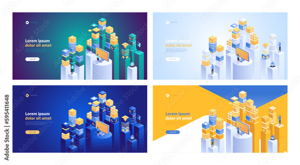 Poster blockchain concept banner. isometric digital blocks connection with each other and shapes crypto cha