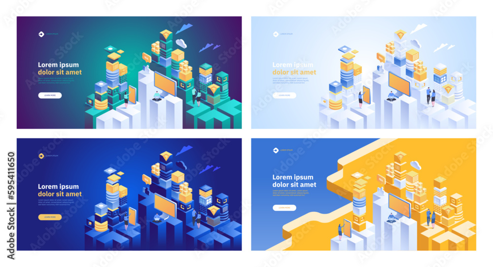 Poster blockchain concept banner. isometric digital blocks connection with each other and shapes crypto cha