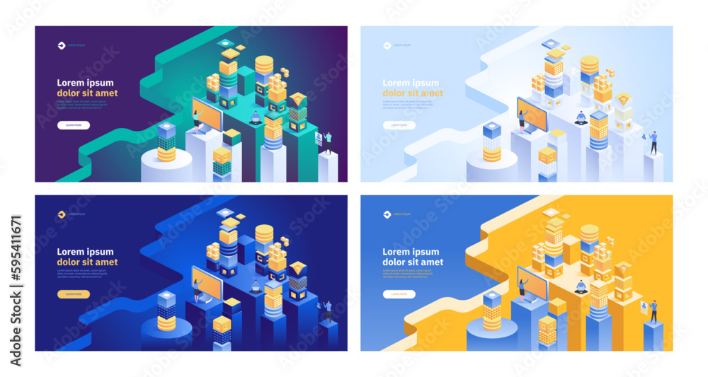 Poster blockchain concept banner. isometric digital blocks connection with each other and shapes crypto cha